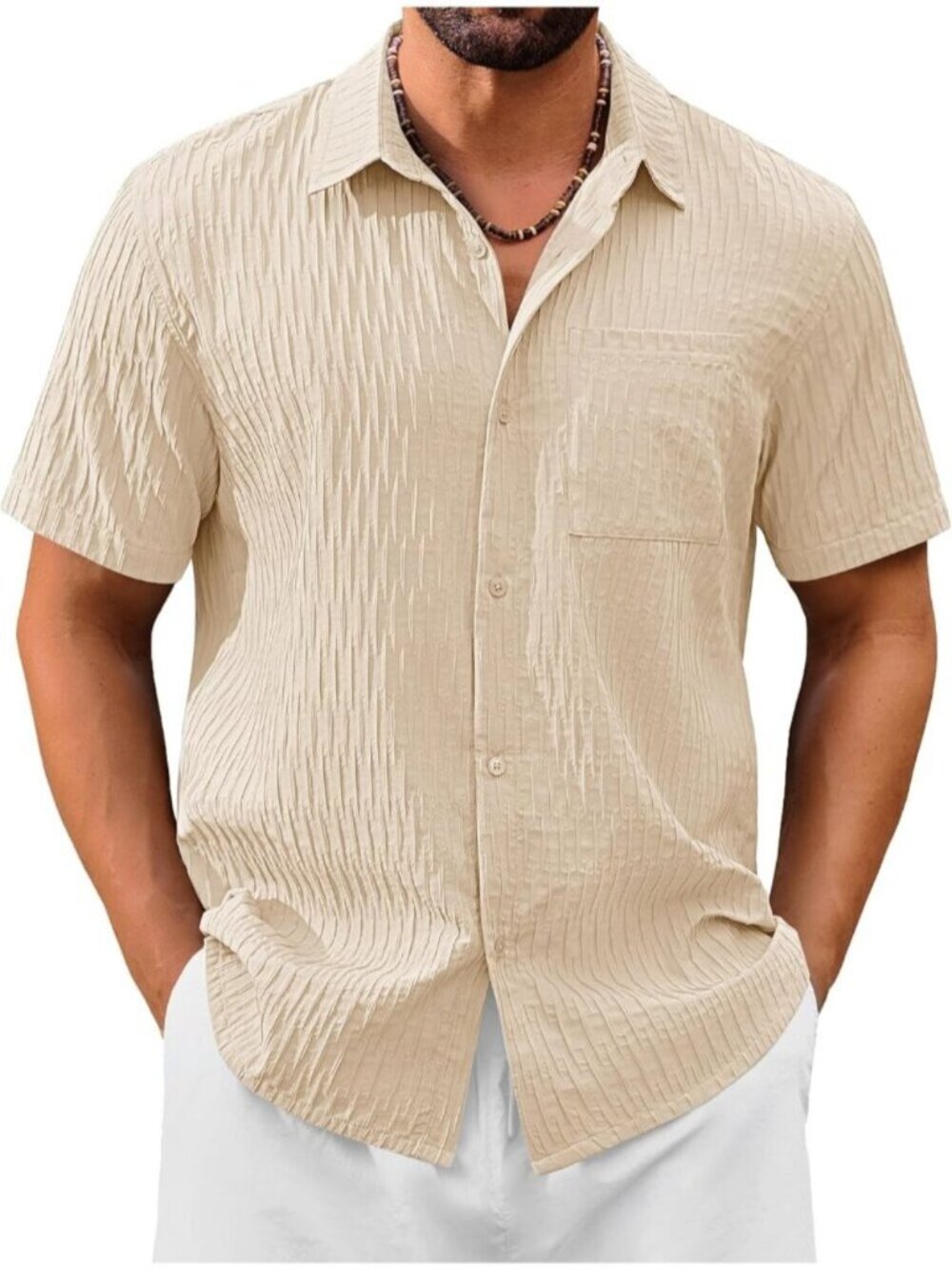 Men's Light Khaki Short Sleeve Casual Textured Polyester Button Down Shirts
